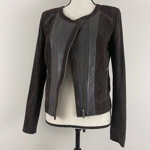 Halogen Suede & Leather Asymmetric Zipper Moto Jacket in Brown